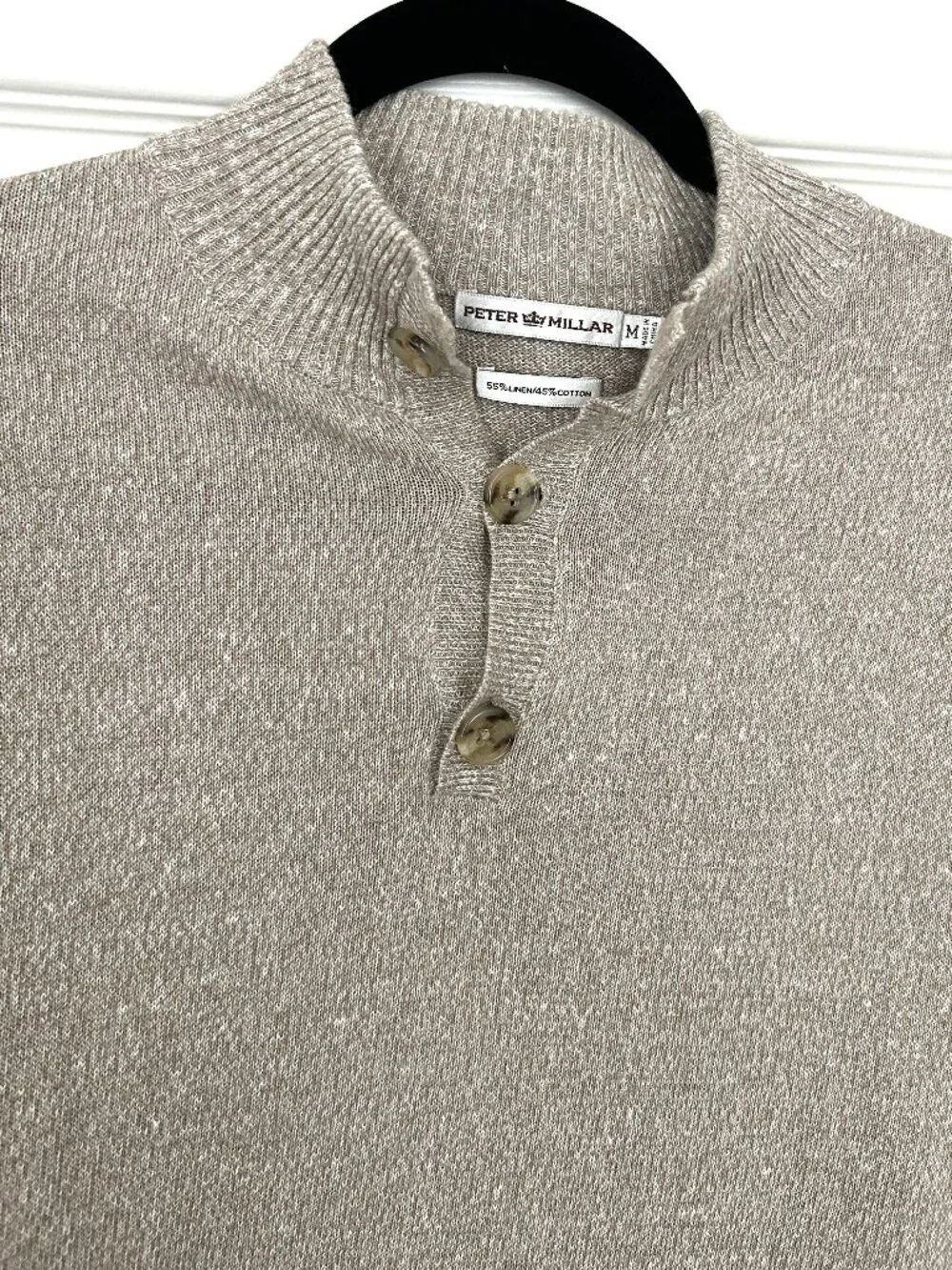 Peter Millar Sweater Mens Medium Linen Cotton Button Mock Neck Pullover Beige